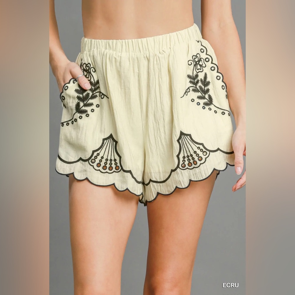 Umgee Embroidered Shorts with Scalloped Hemline